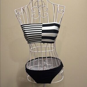 Michael Kors Black and White Striped Bikini MK logos ties in back Sexy